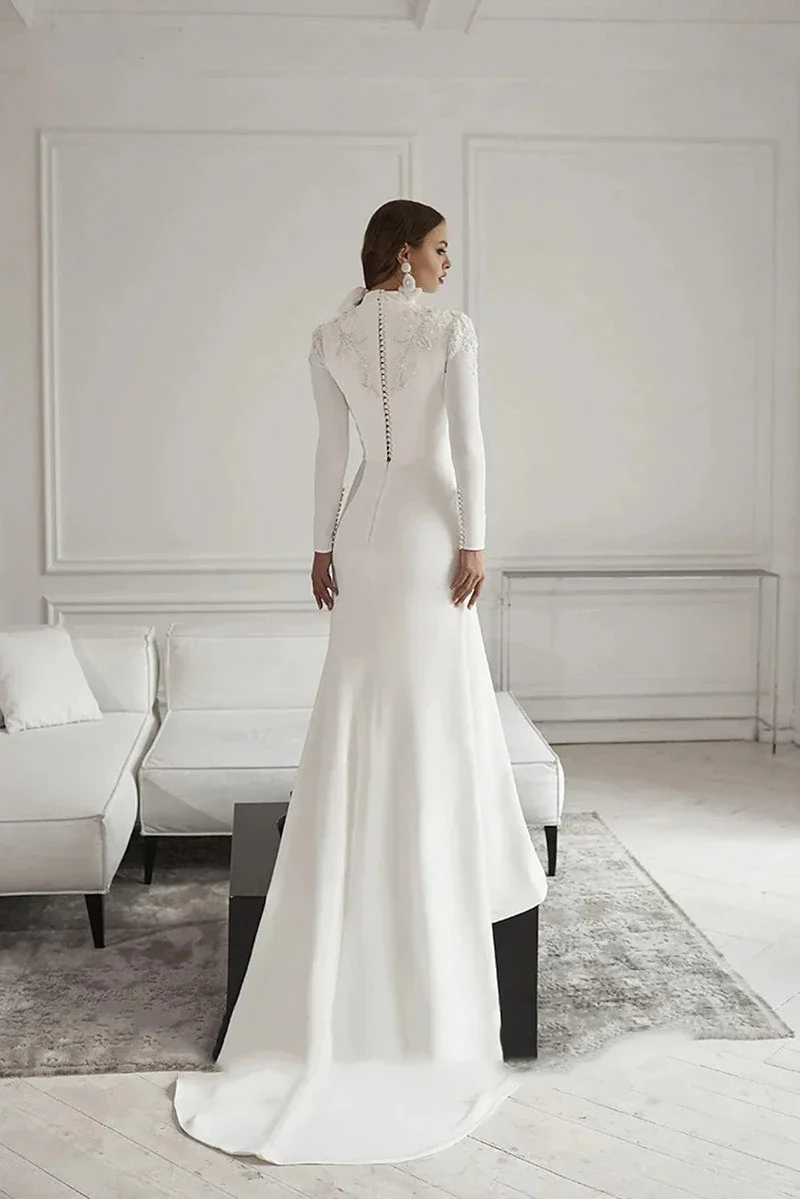 Lace Appliques Mermaid Wedding Dresses Women's Simple Long Sleeve High Neck Muslim Bride Gowns Simple Sweep Train فساتين طويلة