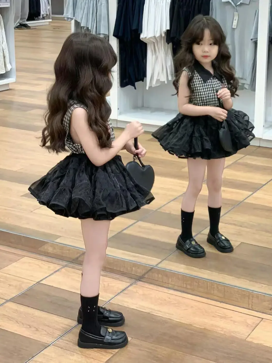 

Baby Girl Clothing Set Summer 2026 New Children's Plaid Lapel Top+Fluffy Half Gauze Skirt Two-piece Set Kids Outfit 0-7Y