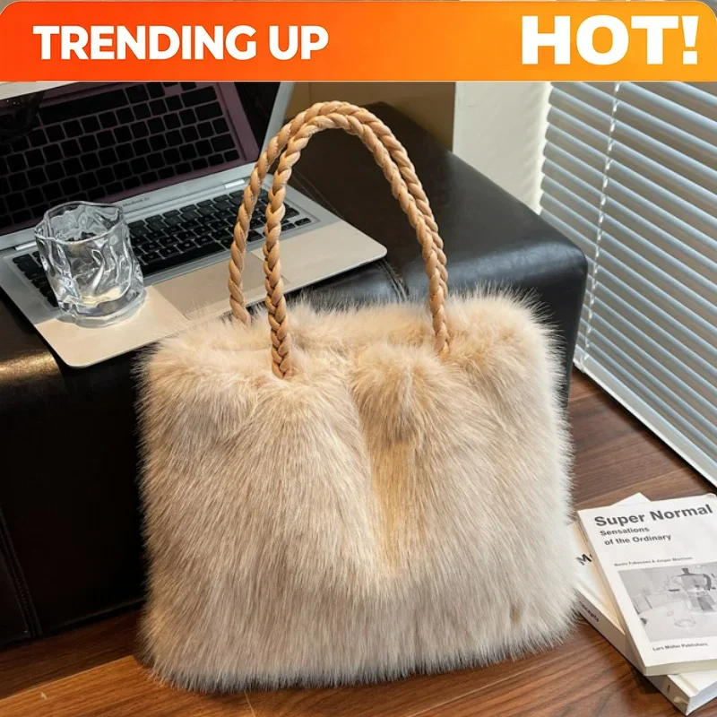 Fashion Women Furry Shoulder Bag Large Capacity Tote Handle Bag for Autumn Winter Outing Commuter Texture Versatile Storage Bags