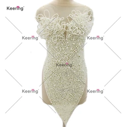 3D Rhinestone Body with White Pearls 3D Wire Flower Design Shiny Dark V Neck Luxury Silver Stone for Prom Dress WDP-609