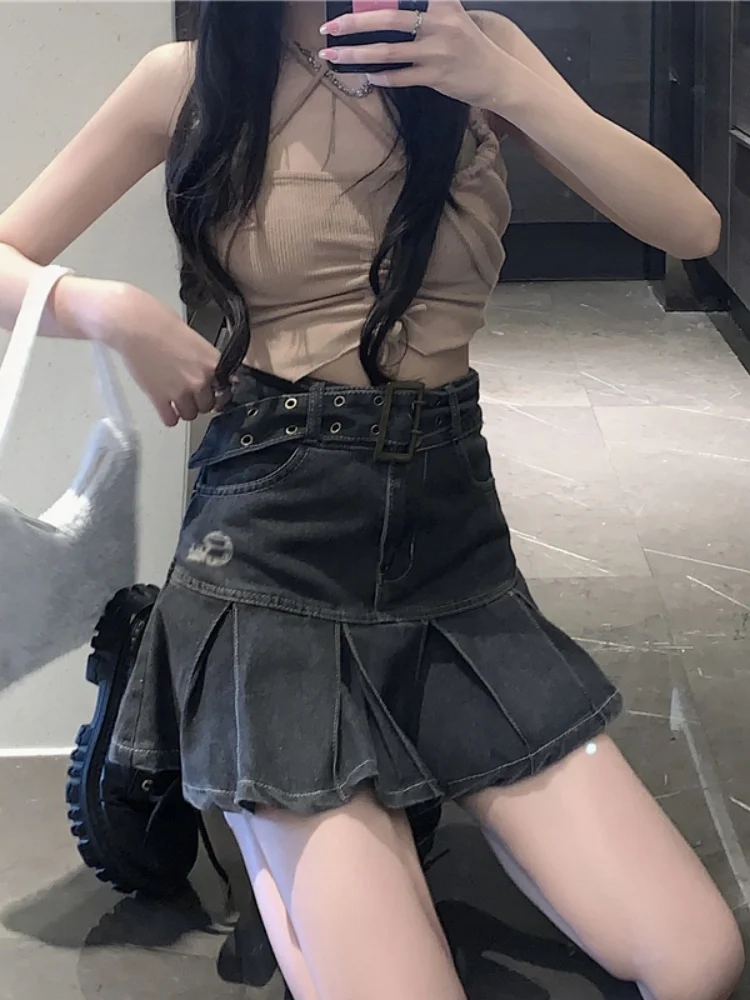 

Юбка-трапеция с высокой талией, женская джинсовая плиссированная юбка, весенняя мода, дизайн больших размеров, утягивающая, облегающая, короткая юбка.