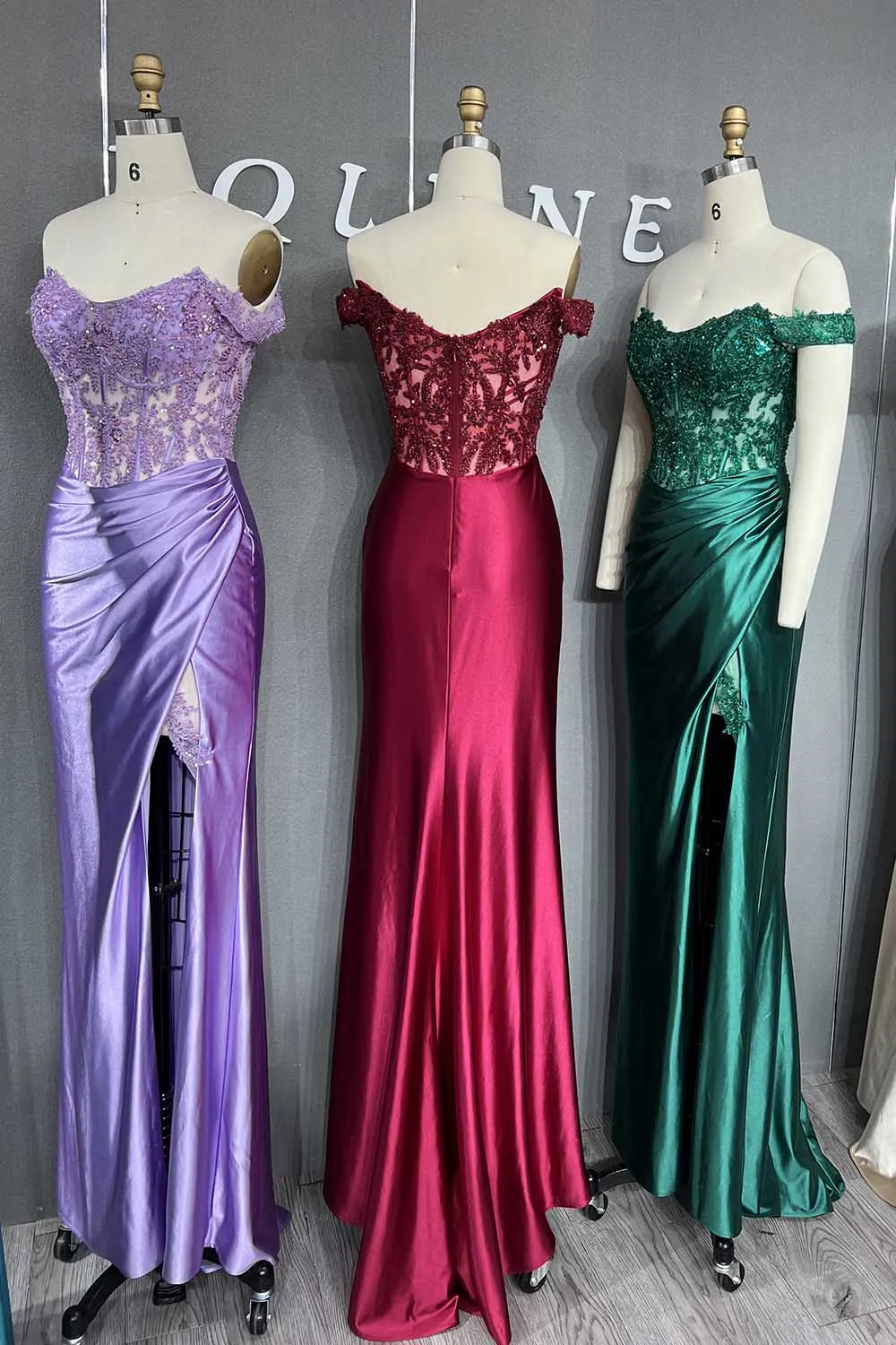 YQLNNE Burgundy Long High Slit Crystals Prom Dresses Sexy Off the Shoulder Beaded Satin Evening Party Gown Mermaid