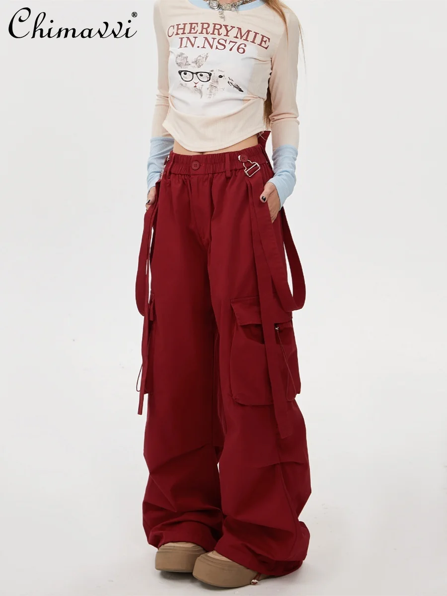 Salopette à jambes larges bordeaux, pantalons de Jazz américain de rue, pantalon hip-hop pour femmes, vêtements d'automne pour dames, 2025