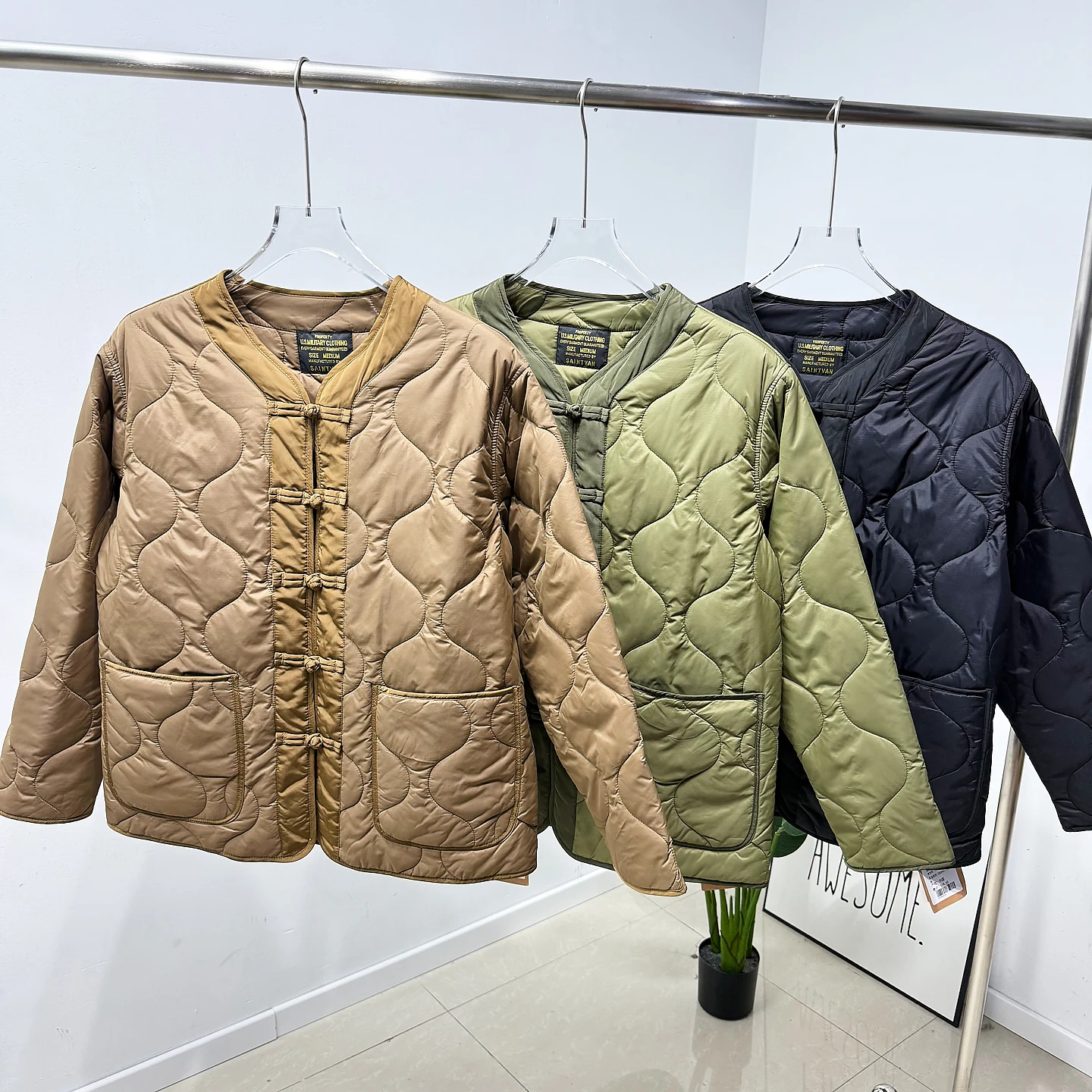 

Autumn Winter Cotton Jaet Quilted Warmth Windproof No Collar Cotton Clothes Outerwear Couple Layering Button Design Trendy