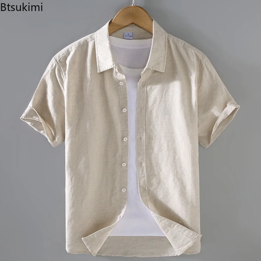 

New 2025 Cotton Linen Men's Summer Short-Sleeved Shirts Streetwear Plain Color Stand Collar Casual Beach Style Shirts for Men
