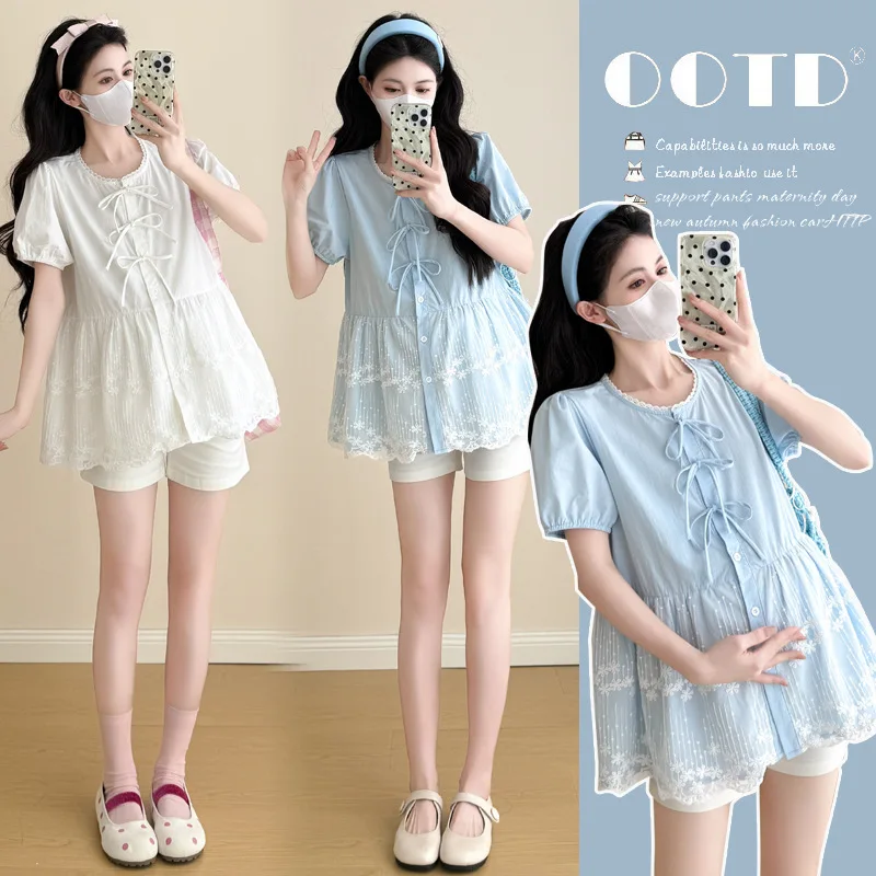 

2025 Summer New Embroidered Splicing Loose Lace Top, Waist Support Shorts Two Piece Set for Pregnant Women