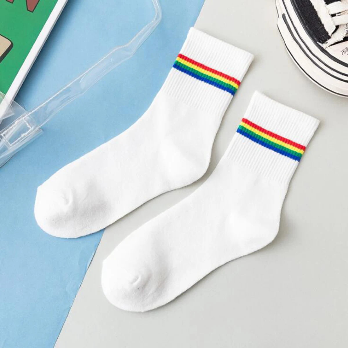 Women Fashion Colorful Kawaii Cute Cartoon Rainbow Striped Cotton Socks Breathable Spring and Autumn Retro College Style Socks