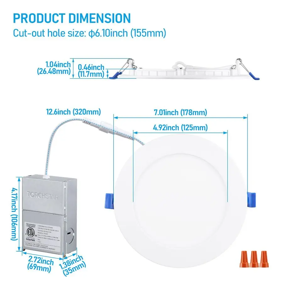 Iluminación empotrable LED delgada de 6 pulgadas con caja de conexiones, luz empotrable ultrafina regulable de aluminio CRI90 de 12 W, luz diurna de 5000 K, 1100 L