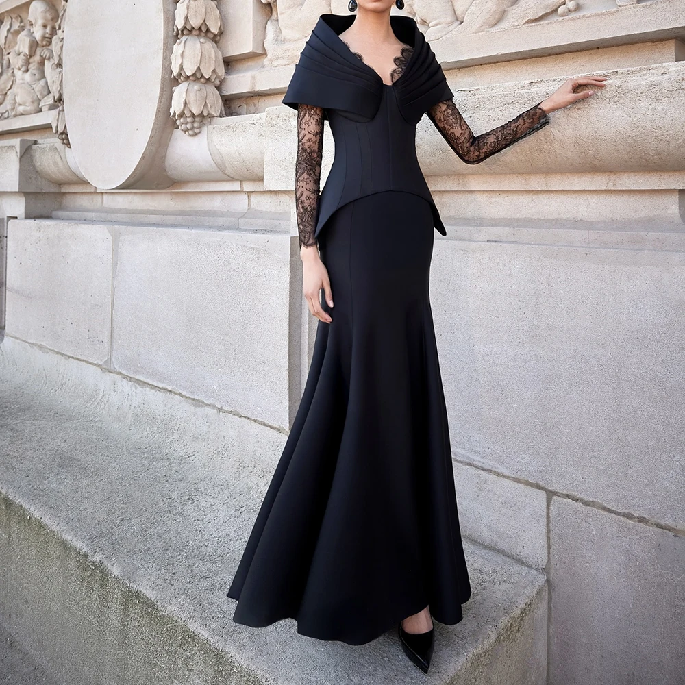 

Customized A-line Evening Dresses Ankle-length Off The Shoulder Full Sleeve Prom Gown Fashion Lace Pleat Draped Party Gown