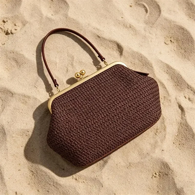 Luxuriöse Unregelmäßige Damen-Schultertasche, Sommer Strand Stroh Muschel-Handtasche Marken-Großraumtasche mit Clipverschluss Elegante Abendtasche – Detail 2