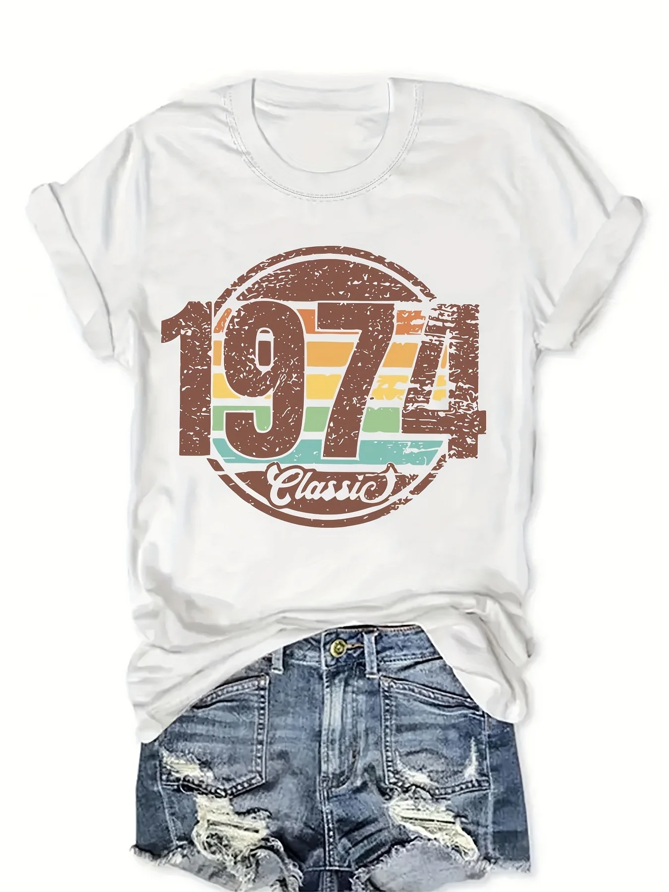 Classique 1974-T-Shirt à manches courtes régulières T-Shirt de mode col rond manches courtes coupe régulière tissu légèrement extensible