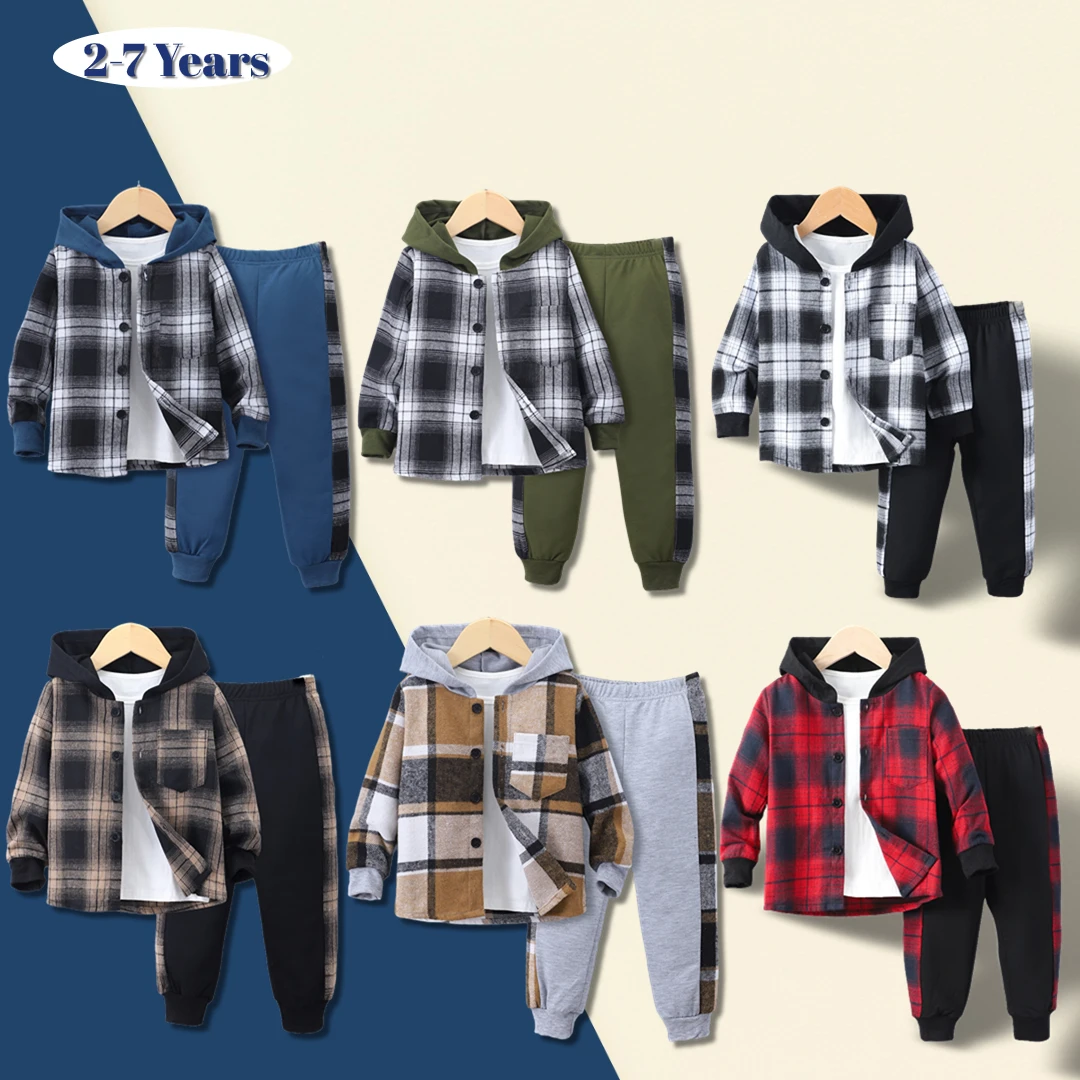 2024 Autumn Children\'s Clothing Set Kids Boy Outfit 3-7Y Long Sleeve Checker Contrast Hoodie Casual Baby Boys Suit