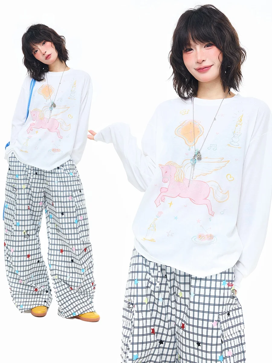 

Женская свободная футболка Sanowers с длинным рукавом, весенне-осенний базовый топ, модный повседневный топ с принтом из хлопка и полиэстера