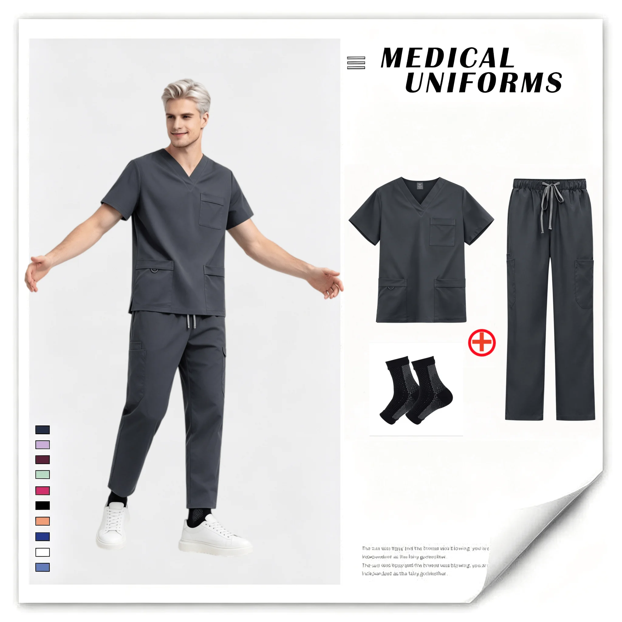 V Neck Unisex Scrub Set Drawstring Tapered Jogger Nurse Uniform With CompressionSocks For Healthcare Staff Walking Jogging
