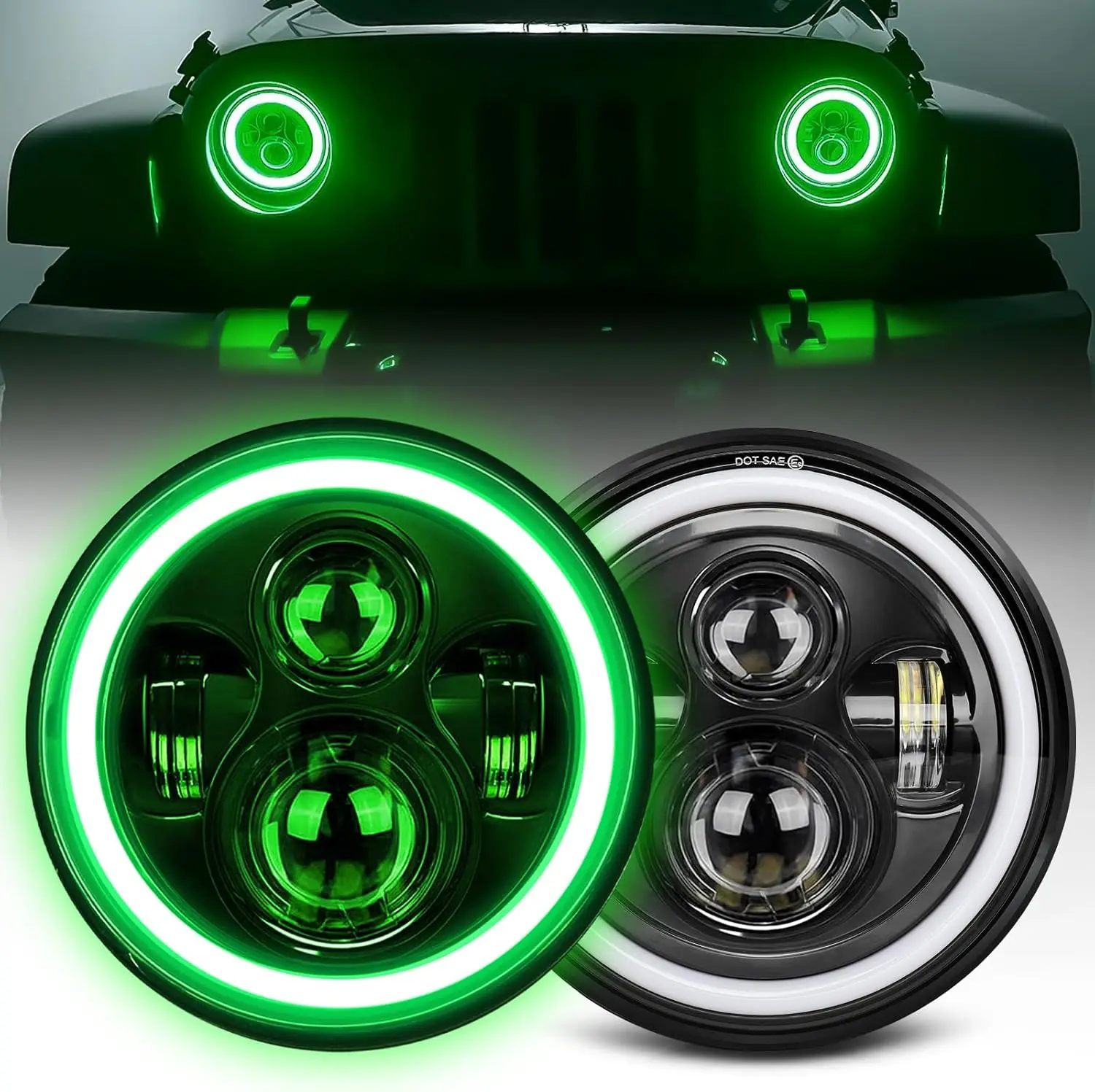 7 inch Green Halo led Headlight Hi/Lo Beam with Amber Turn Signal DRL 2pcs 7 inch led headlight Round H6024 LED Headlight DOT Ap