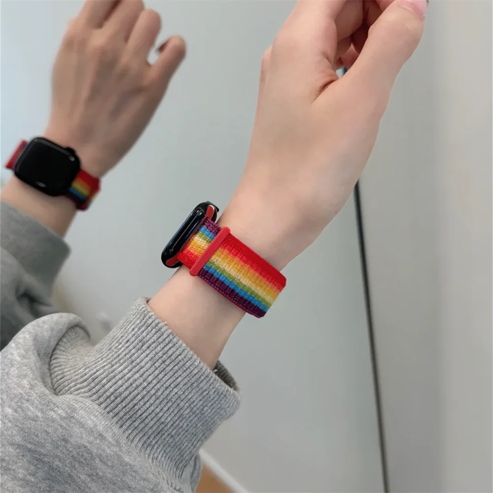 INS Pride Rainbow Nylon Sticker Band Loop For Apple Watch 45mm 41 40 44 42 38mm Lovely Soft Sports Strap For Series 9 8 7 6 5