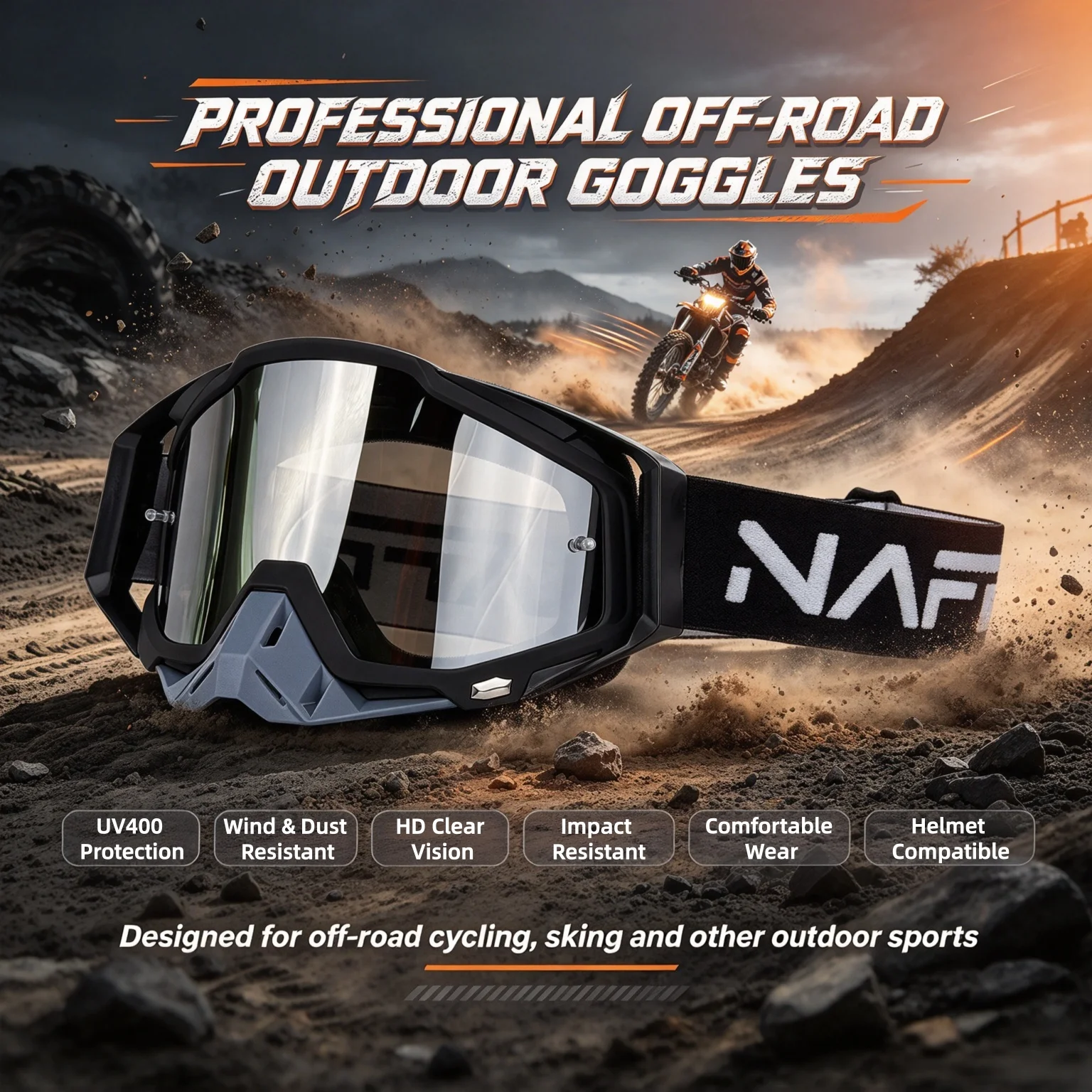 UV400 HD Off-Road Motorcycle Goggles Wind Dust Proof Helmet Compatible Protective Goggles for Outdoor Riding Skiing Sports