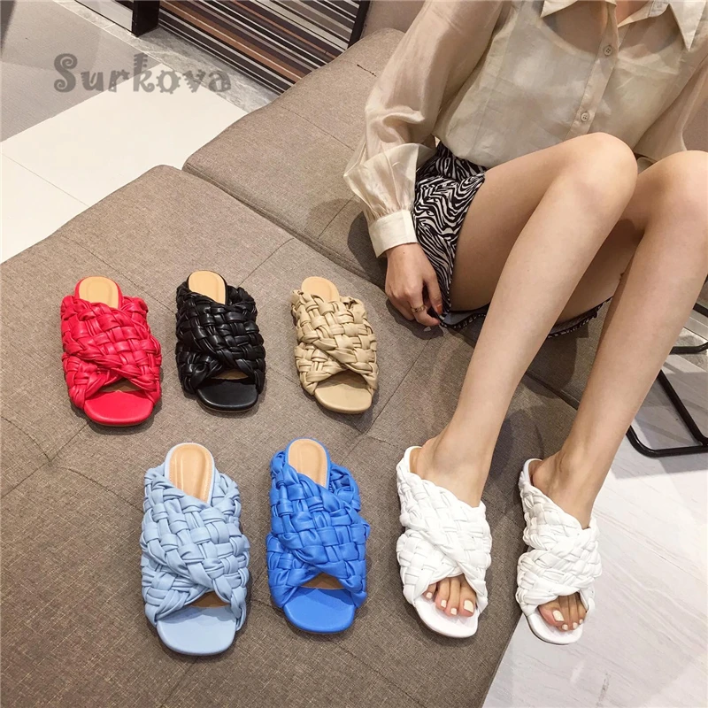 

New Woven Sandals Fashion Solid Color Cross-Strap Round Toe Flat Slippers Elegant Summer Banquet Casual Holiday Women's Shoes