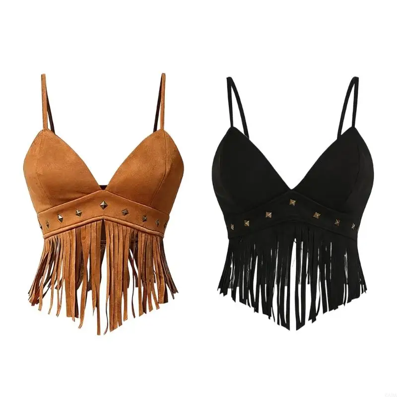 

Women's Hippie Crop Top Fringe Tassels Accent Faux Suedes Fabric Camisole for Music Festivals and Parties 6XDA
