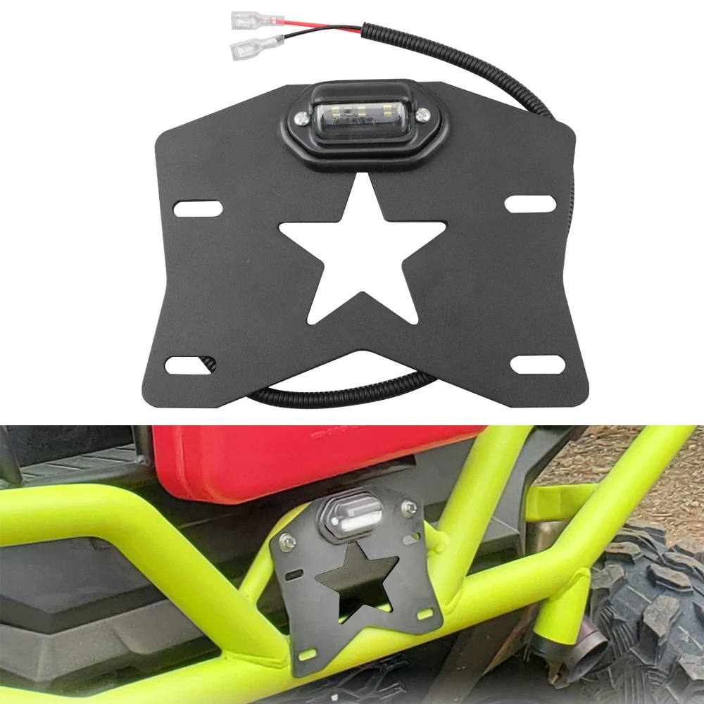 UTV License Plate Mount Bracket Holder Frame with Led Bulb Light for Polaris RZR XP Can-am Yamaha x3 Honda Suzuki Kawasaki