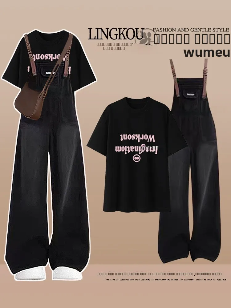 Summer Casual Retro Denim Set Women's ort Sve T-irt And Overalls Anti-Aging Print Vintage oulder Length Top