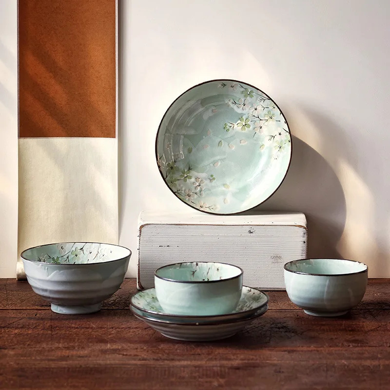 Autumn Cherry Blossom Deep Plate Underglaze Color Sakura Dinner Plate Ceramic Plate Japanese Style Household Tableware Daily Use