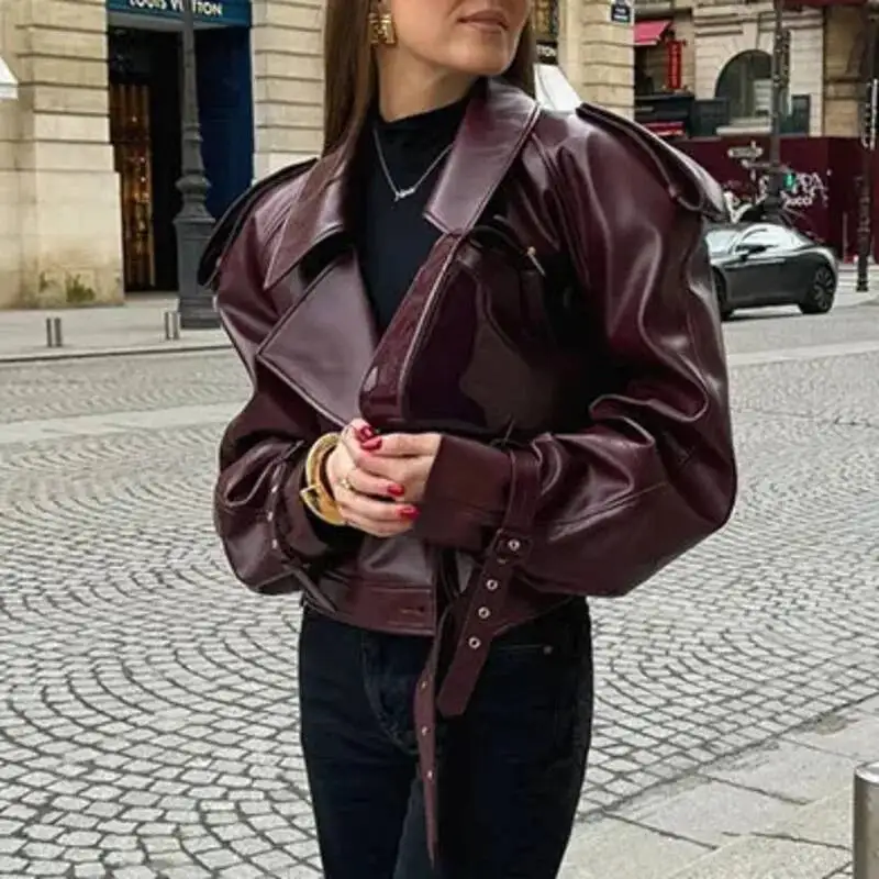 American Vintage Long Sleeve Short PU Leather Jacket Moto Style Burgundy Women Biker Coats 2026 Autumn New Fashion 16O166Q