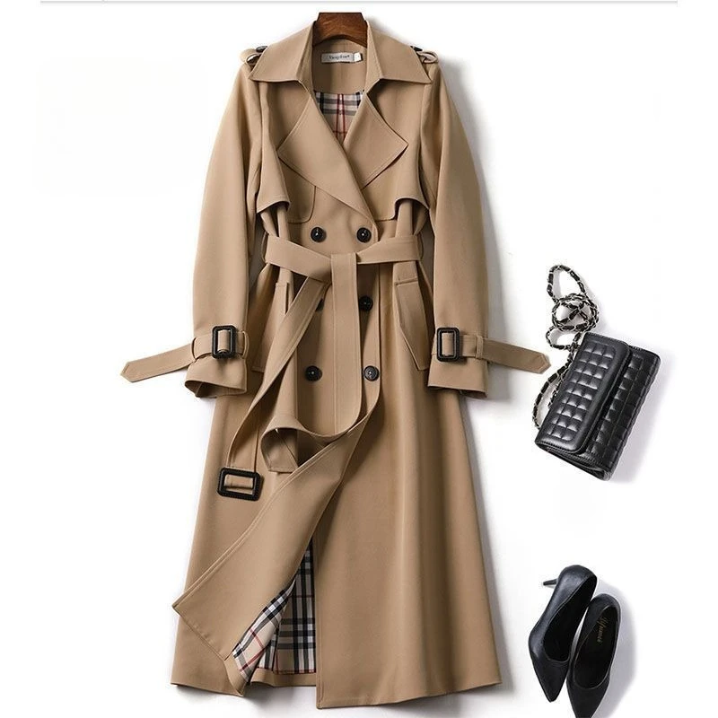 Korean Vintage Long Sleeve Mid-Length Trench Coat Solid Color Women Casual Wool Autumn Winter Turtleneck Button Patchwork