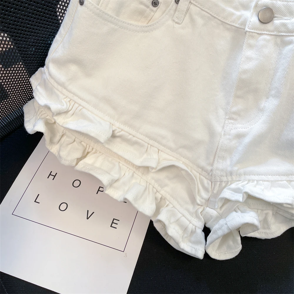 한국 스타일 프릴 짧은 청바지 여성 여름 섹시한 솔리드 컬러 하이 웨이스트 데님 반바지 파티 클럽 올 매치 반바지 streetwear
