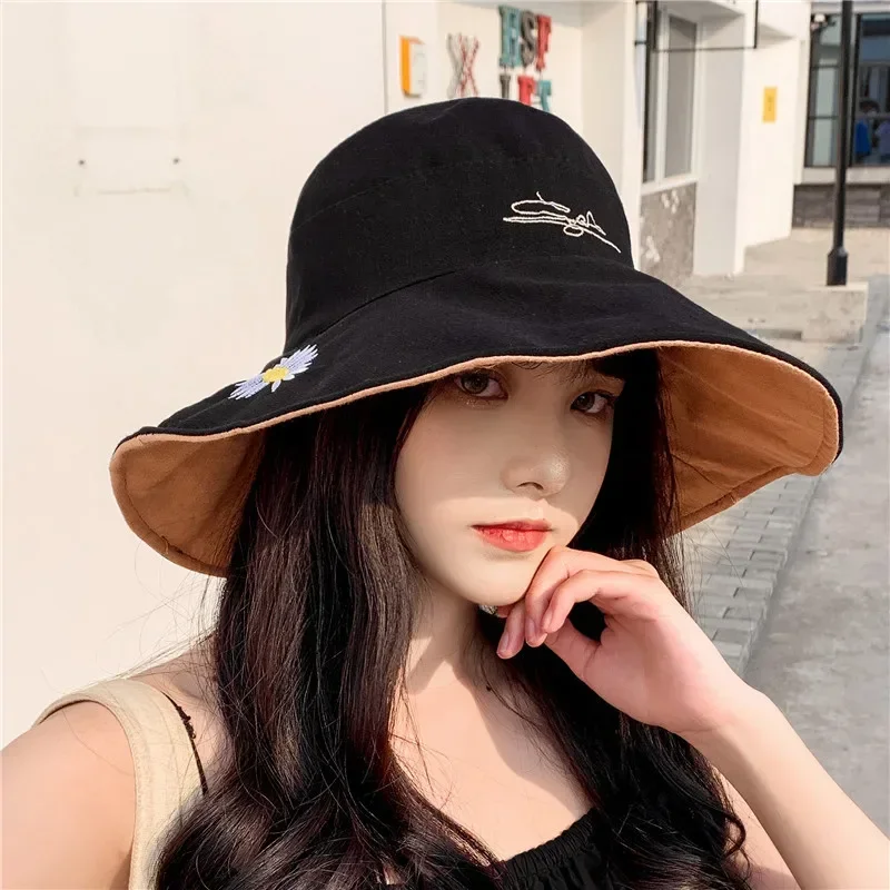 Women\'s Wide Brim Daisy Bucket Hat Summer Double-sided Outdoor Panama Anti-UV Beach Sun Hats Reversible Cotton Fisherman Hat