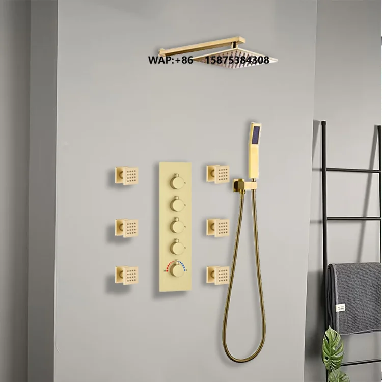 20-Inch Brass Brushed Gold Wall-Mounted Modern Bathroom Shower System Rain/Massage/Jet Spray Square Head Single Handle Concealed