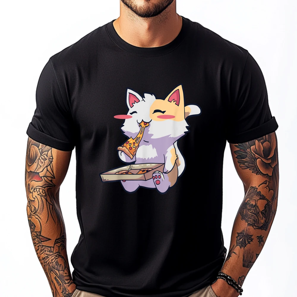 

Anime Cat Pizza Kawaii Neko Grey Shirt Graphic Tee Mens Gifts Oversized