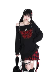 Deeptown Korean Y2K Harajuku Fashion Loose Pullover Off Shoulder Sexy Sweater Goth Off Knitwears Vintage Pullover Long Sleeve