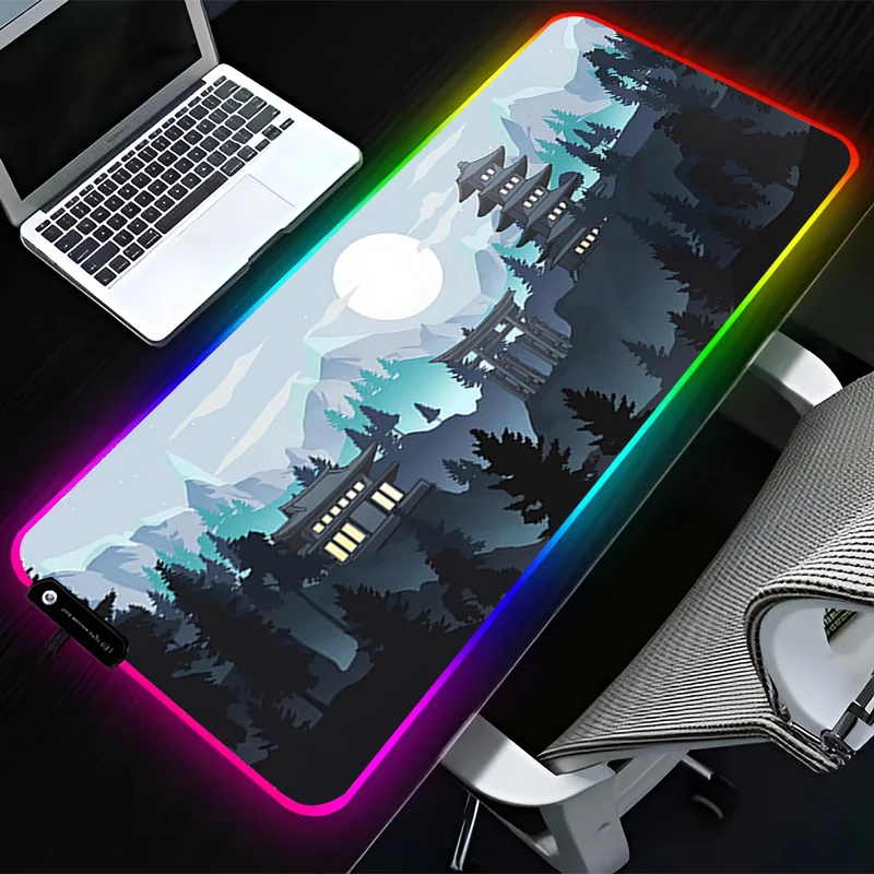 RGB LED Mouse Pad Rubber Mousepad Computer Gaming Accessories Keyboard Pad Non Slip Desk Mountain Forest Pagoda Torii Mouse Mat