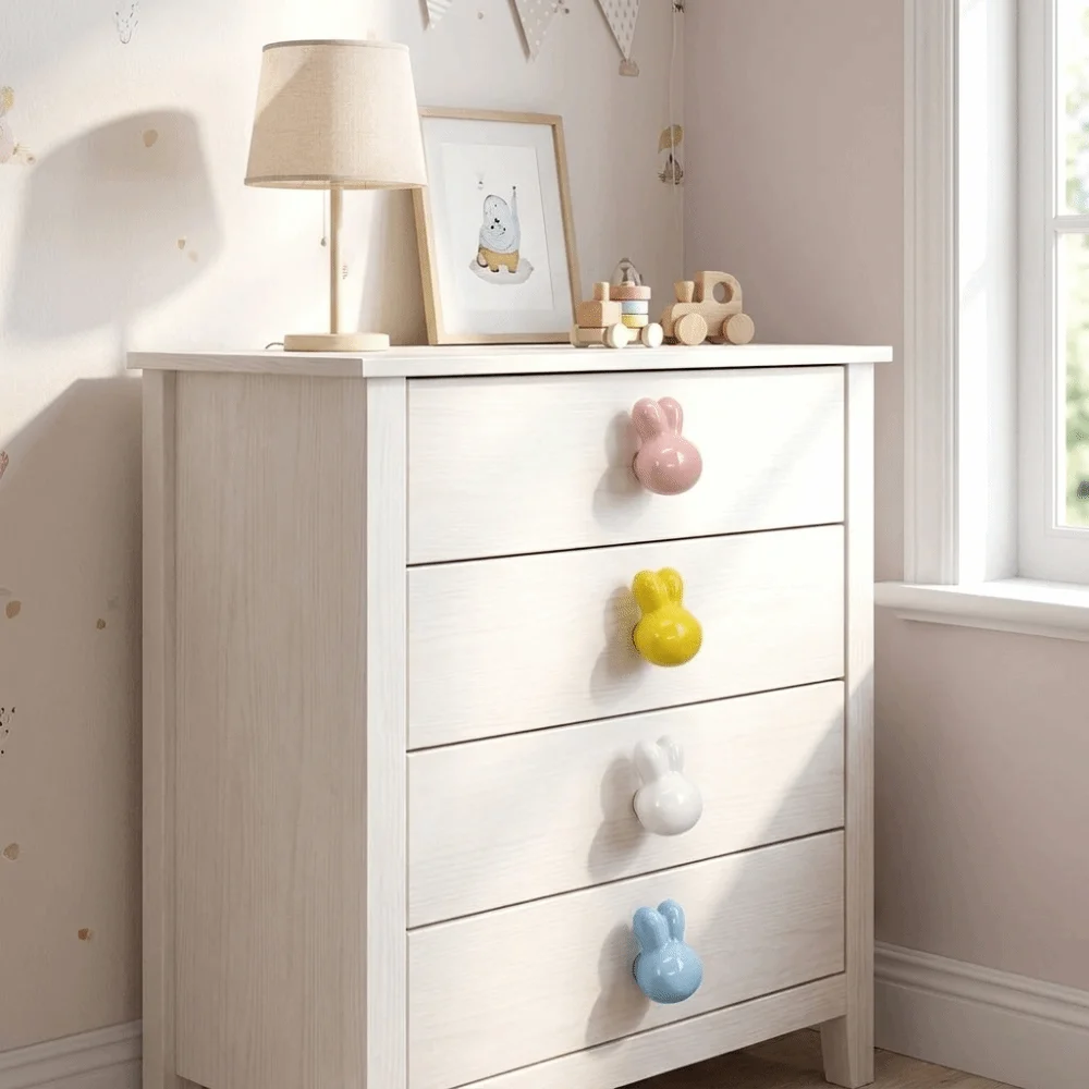 Single Hole Ceramic Drawer Knobs Rounded Soft Edges Smooth Glossy Ceramic Rabbit Knobs Solid Metal Thread Multiple Color Options