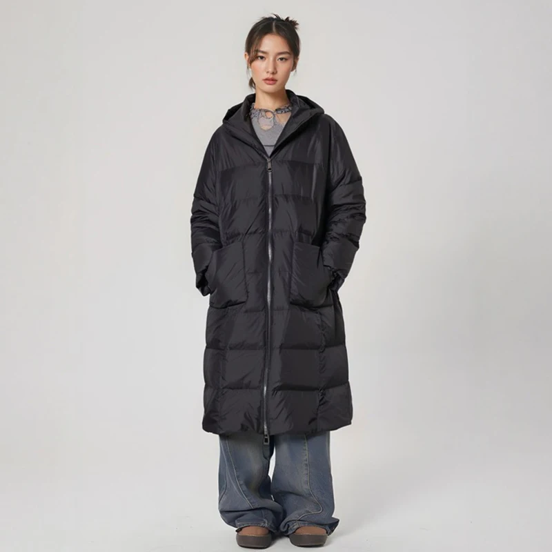 

Winter Long Big Pocket Hooded Down Jacket Women Black Thick Double Zipper Parker Outwears Female Quilted Knee Length Down Jacket