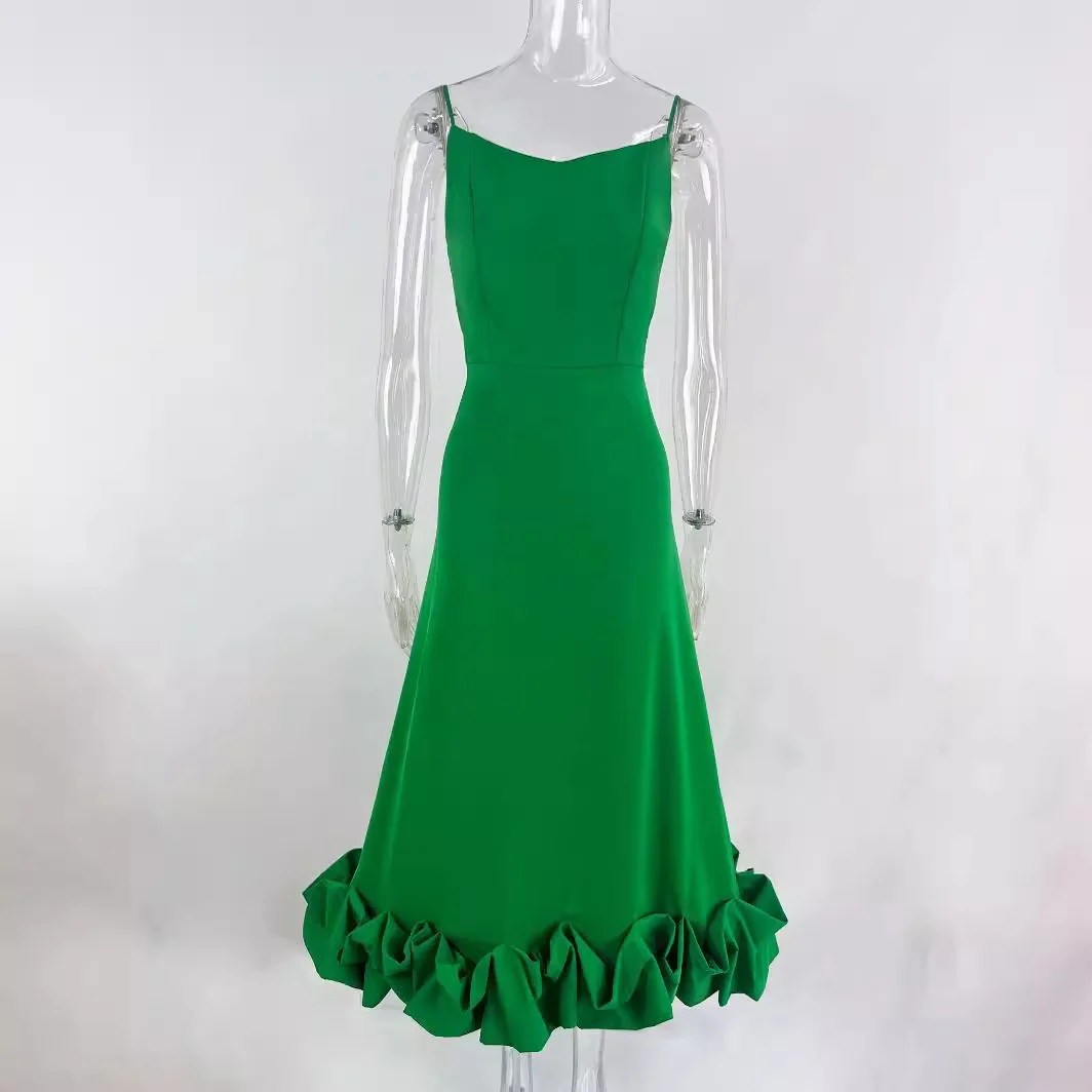 Vestido largo de verano para mujer, traje liso con tirantes finos, dobladillo con volantes, elegante, corte en A, 2023