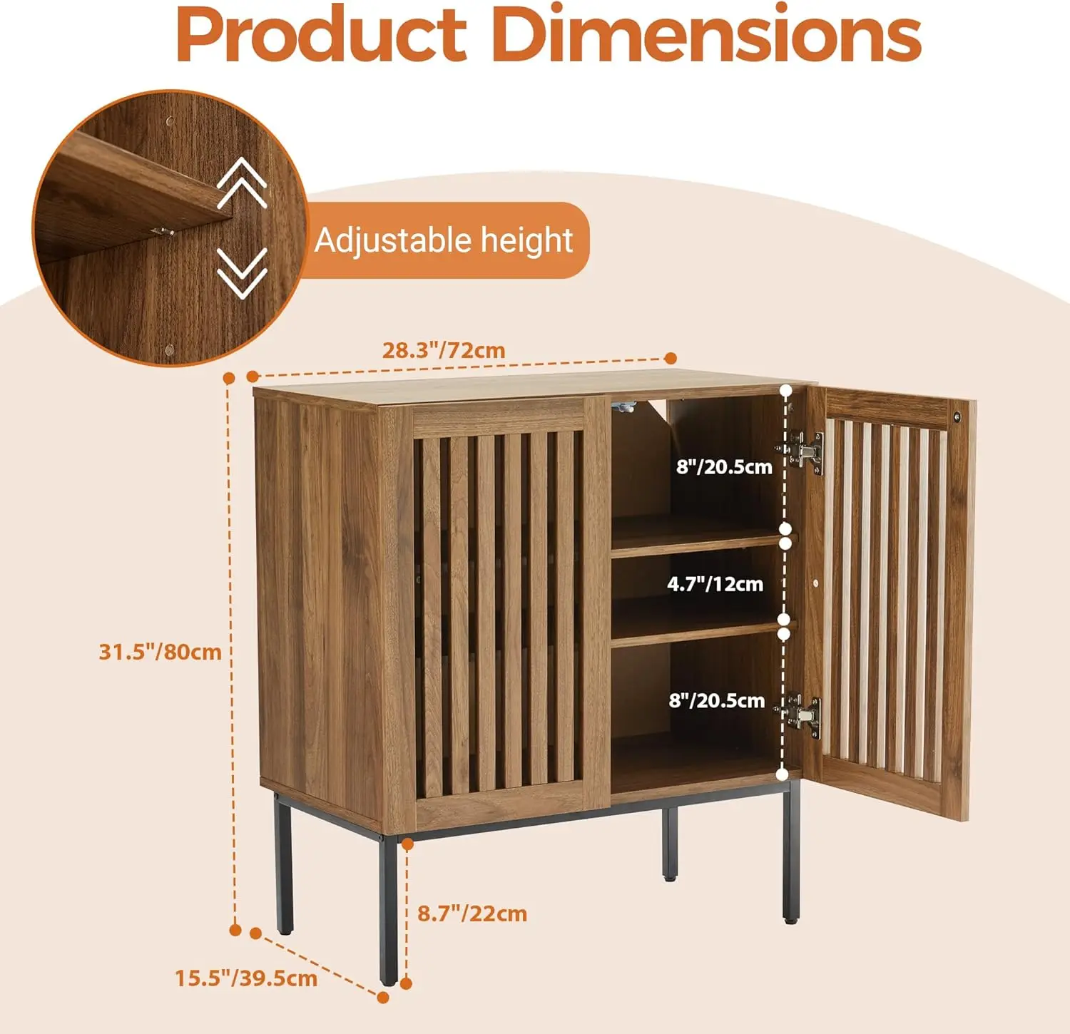 Grille Walnut Buffet Cabinet With Storage, Sideboards 2 Doors With Metal Base And Adjustable Shelf For Kitchen, Coffee Bar,