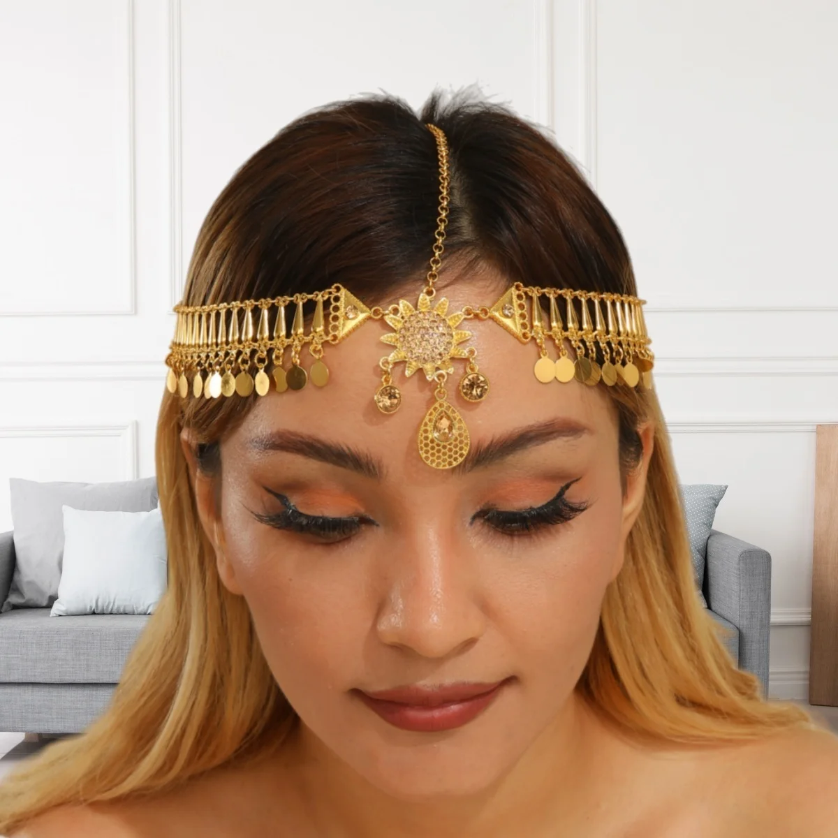 New Design Kurdish Bridal Headdress Fashion Gold Color Alloy Rhinestone Sunflower Water Drop Sequin Tassel Head Chain For Women