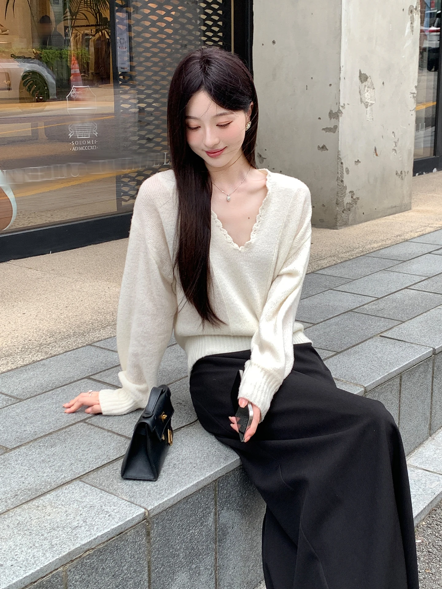 

Summer Poem Women's Loose V-Ne Knitwear Woolen Long Sve Lantern Sve Top Simple Sle Commute Faion Regular Fit White