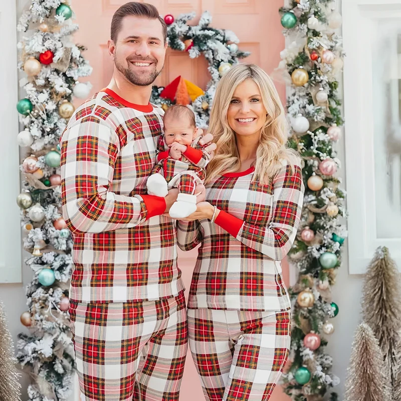 Fashion Plaid Print Christmas Family Matching Pajamas Set Parents Sibling Couple Casual Home Women Men Boy Girl Baby Loungewear