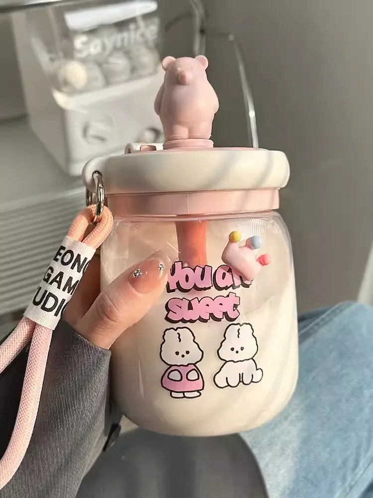 Kawaii Jumbo Boba Water Bottle With Straw For Girls Women Large Capacity Cute Stirring Cup Portable Dual Drinking Plastic Cups