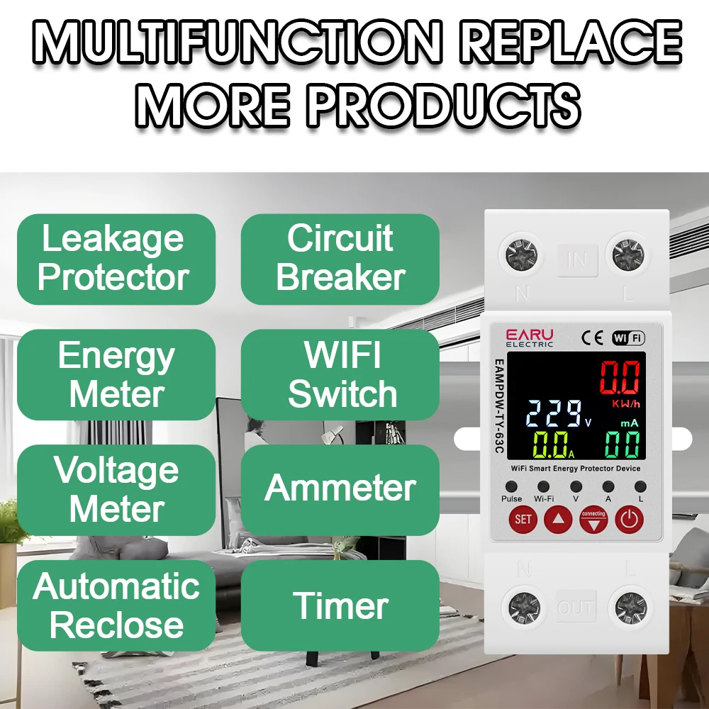 63A AC 230V Tuya WiFi Smart Energy Meter Power kWh Meter Earth Leakage Over Under Voltage Protector Relay Device Switch Breaker