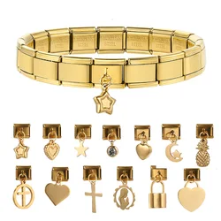 Stars Cross Heart Moon Crown CZ Pendant Italian Charm Link Fit 9mm Bracelet Stainless Steel Jewelry Making Birthday Gifts