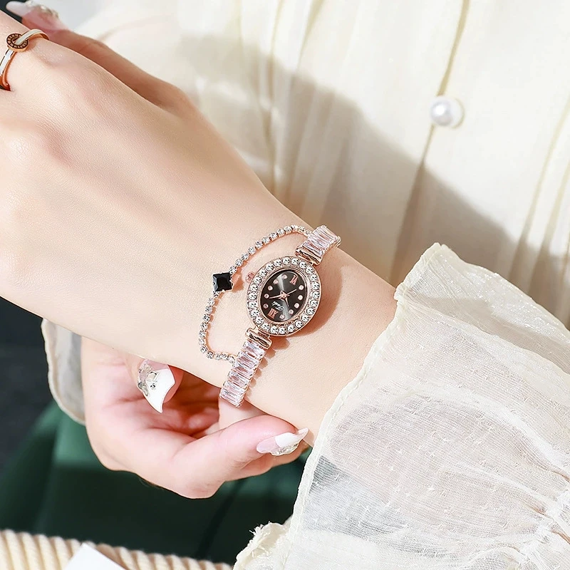 New Fashion Luxury Woman Crystal Bracelet Watch Ladies Pull Rope Wristwatches Women Oval Steel Quartz Watches Gifts Reloj Mujer