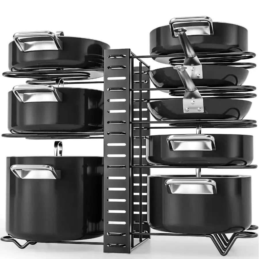Adjustable 8 Tier Pots and Pans Organizer Rack for Kitchen Cabinet Countertop Storage Space Saving Pot Lid Holder Heavy Duty Cookware Stand Multi-purpose Bakeware Pantry Shelf with 3 DIY Assembly Methods