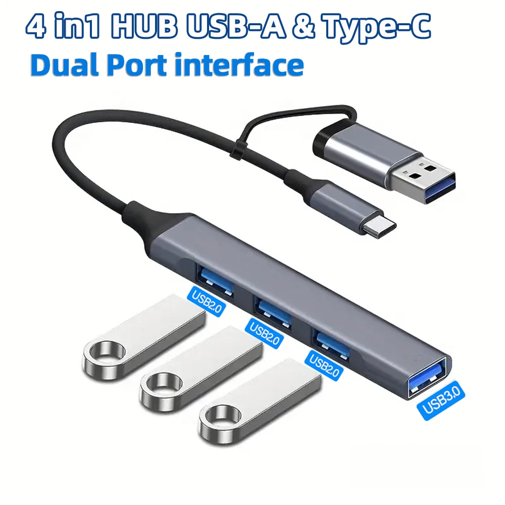 4-in-2 Multi-Port Splitter USB C and USB Hub Are Suitable for PC/Xiaomi/Lenovo/MacBook Pro/Air/iPad Other Devices
