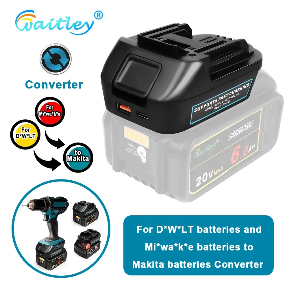 Battery Adapter for DEWALT or Milwaukee conversion to Makita Batteries MAKITA Power Tool Accessories Replaces Bl1850 with USB