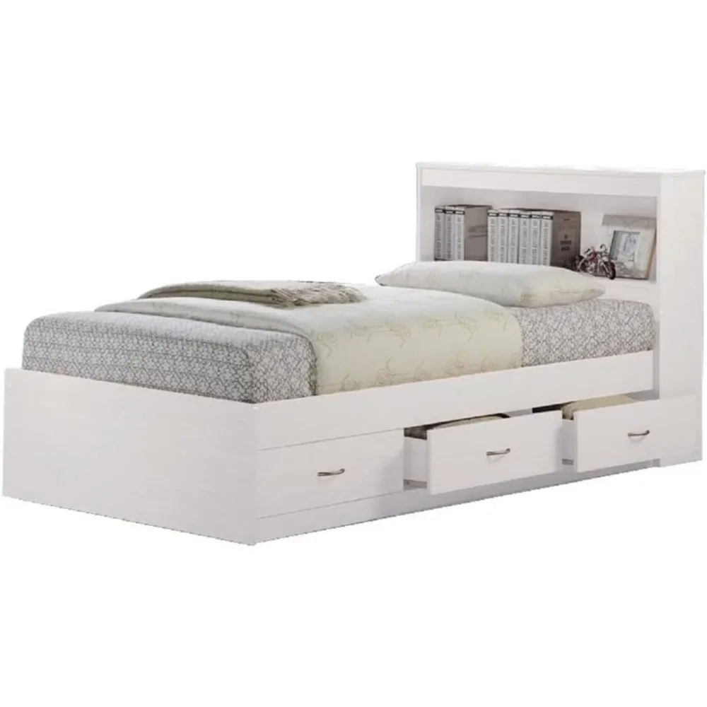 

Twin Size Wood Platform Bed with Bookcase Headboard with 3 Drawers for Bedroom Storage Organization, WhiteLM