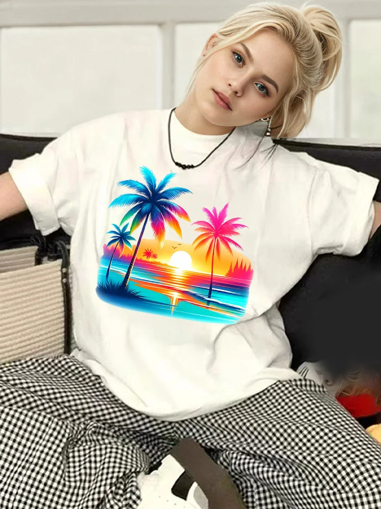 

Neon Beach Sunset Print T-shirt Vintage Classic Nostalgic Pattern Shirt Ladies Casual Travel Clothing Cotton Crew Neck Top